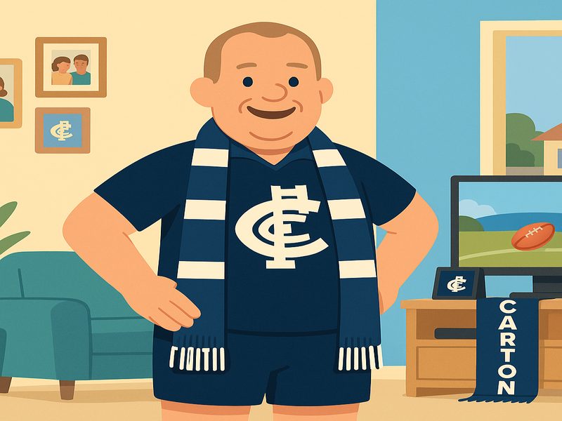 Graham proudly showing off his Carlton FC outfit in his SIL residence