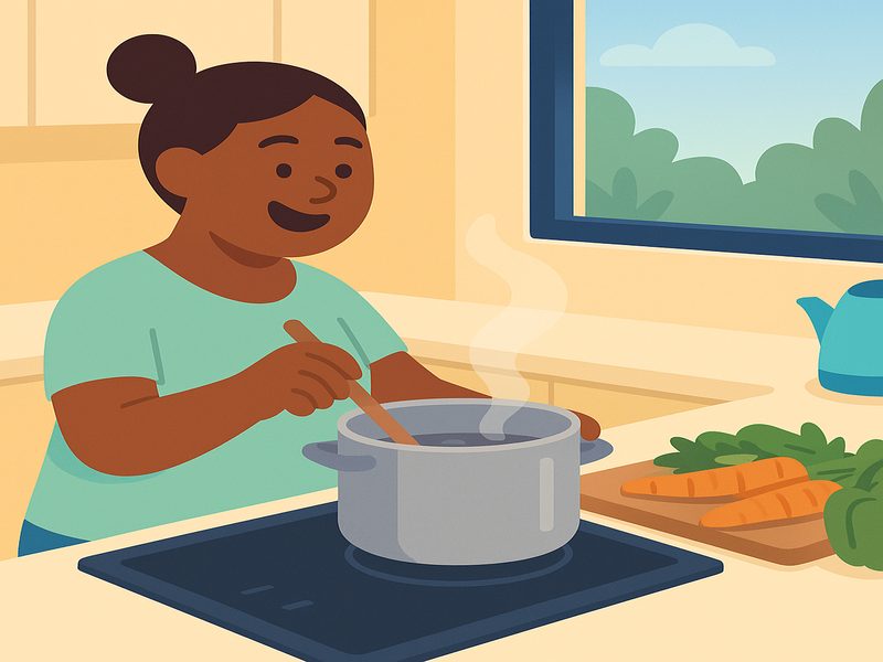 Kristina cooking a healthy meal in her SIL residence