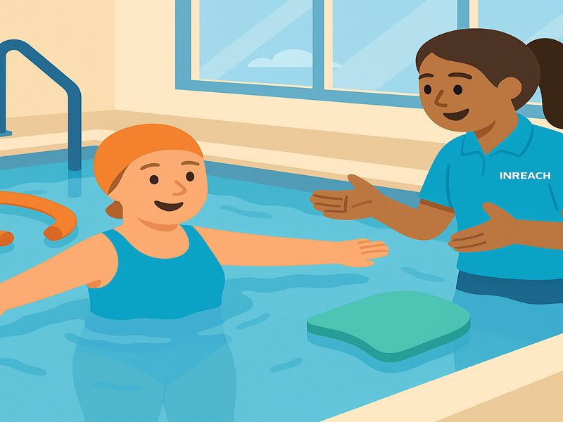 Lisa participating in aqua therapy with support from INREACH Supports during community participation