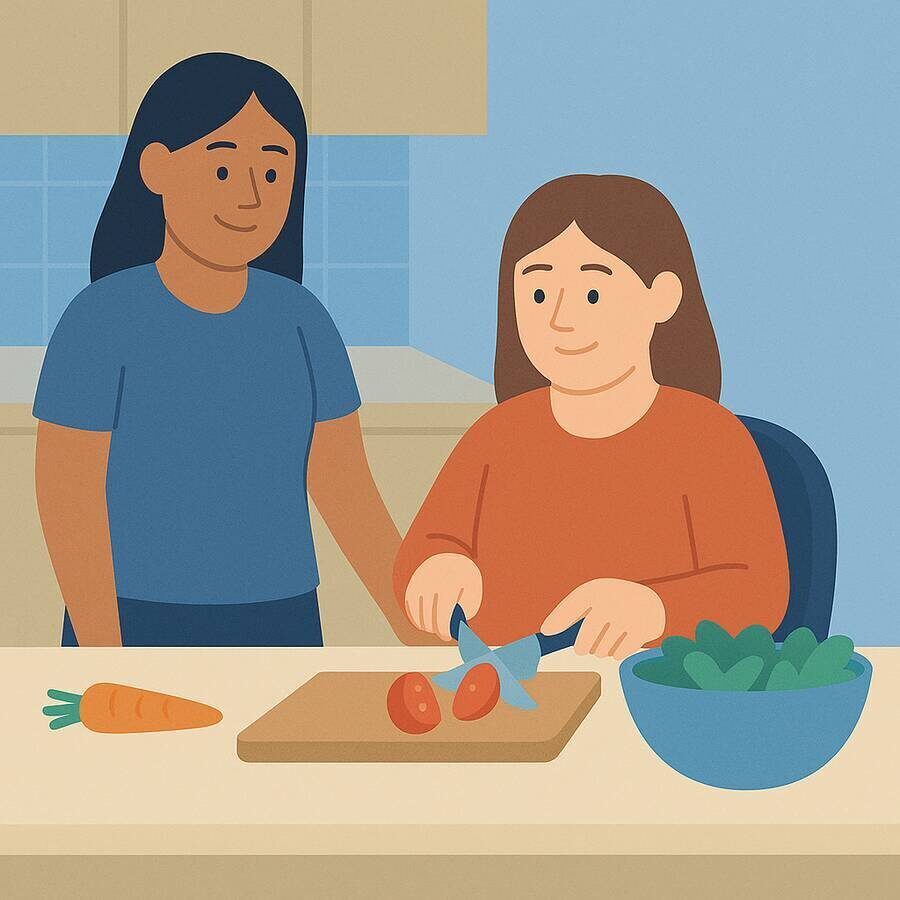 Kristina enjoying meal preparation in her SIL accommodation