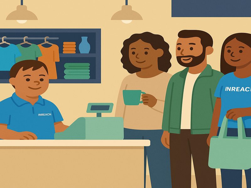 Residents managing the INREACH Shop at Christine Court Assisted Living, serving snacks and drinks to fellow residents