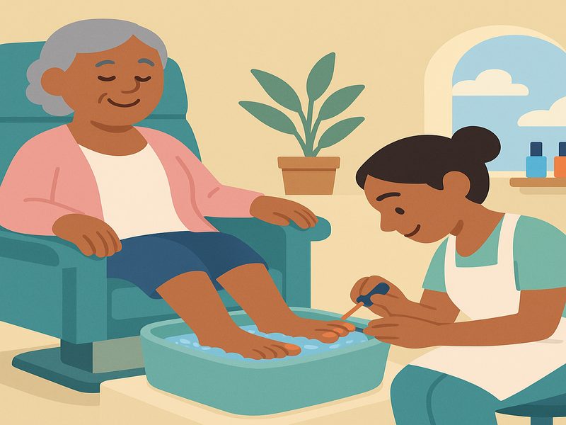 Thelma enjoying a pamper day pedicure during community participation