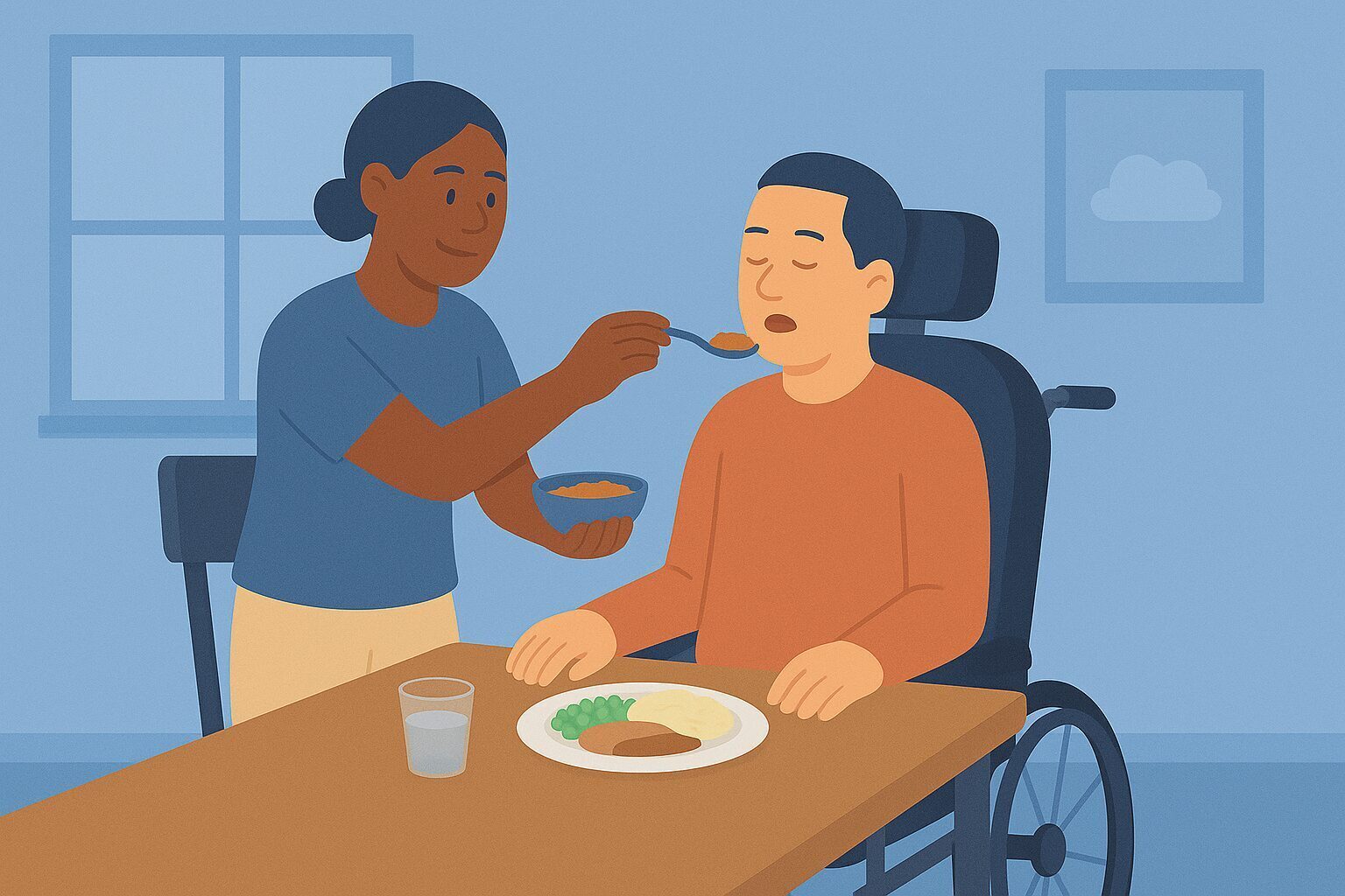 Support worker assisting Graham H. with mealtime management